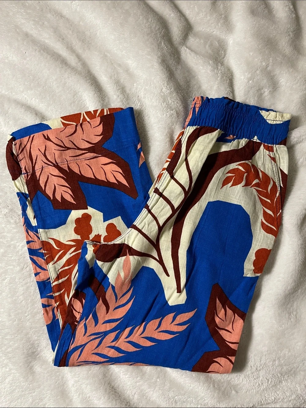 H&M Blue, Cream & Rust Floral Cropped Wide Leg Linen Pants